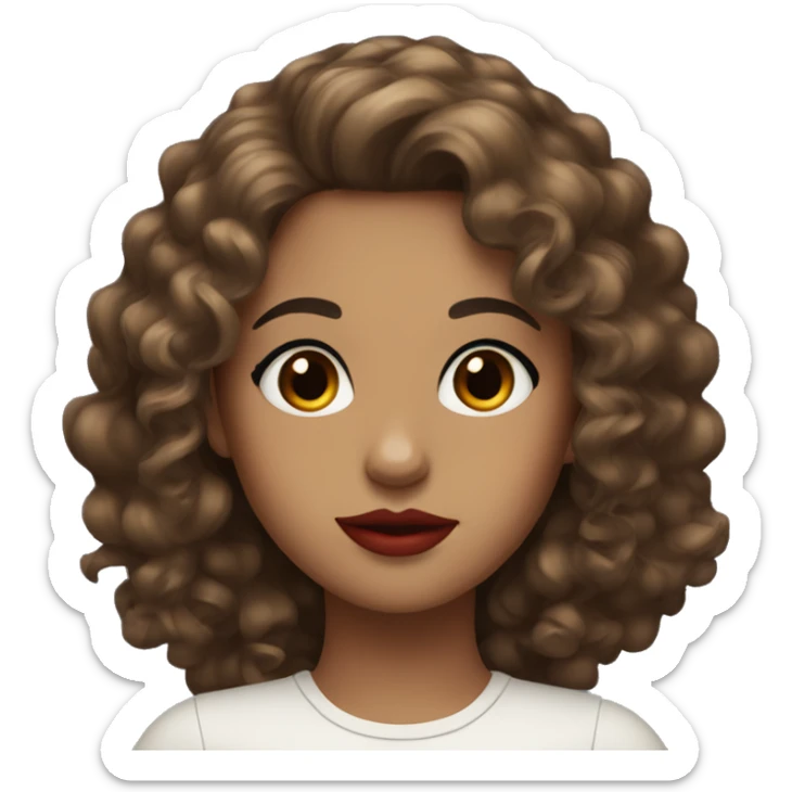 Girl with curly brown long hair and black eyes with red lipstick and eyeliner sticker
