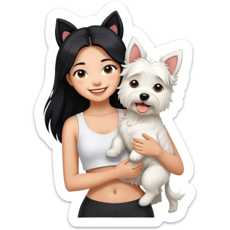 An Asain girl with long black hair wearing a white crop top and black legging,she is smiling and hugging a west highland terrier with big ears  sticker