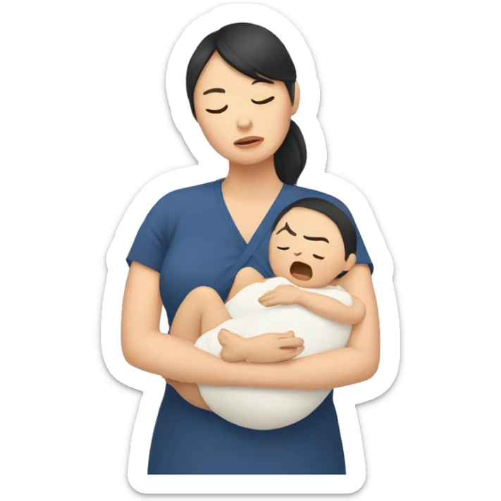 A tired Asian woman holds a baby in her arms sticker