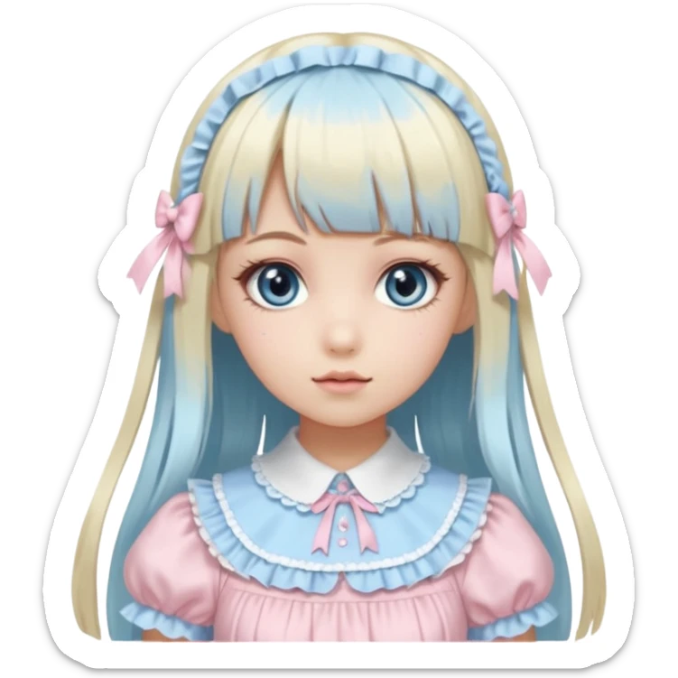 girl , who has straight hair blonde and baby bule swirled hair with bangs , grey eyes , and doll like makeup , in a light pink lolita hime gyaru dress  sticker