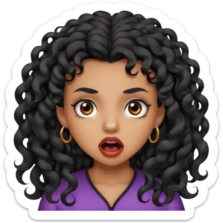 girl with long black curls and brown eyes, brown skin, eyelashes, siren eyes, make her mouth open and mad expression sticker