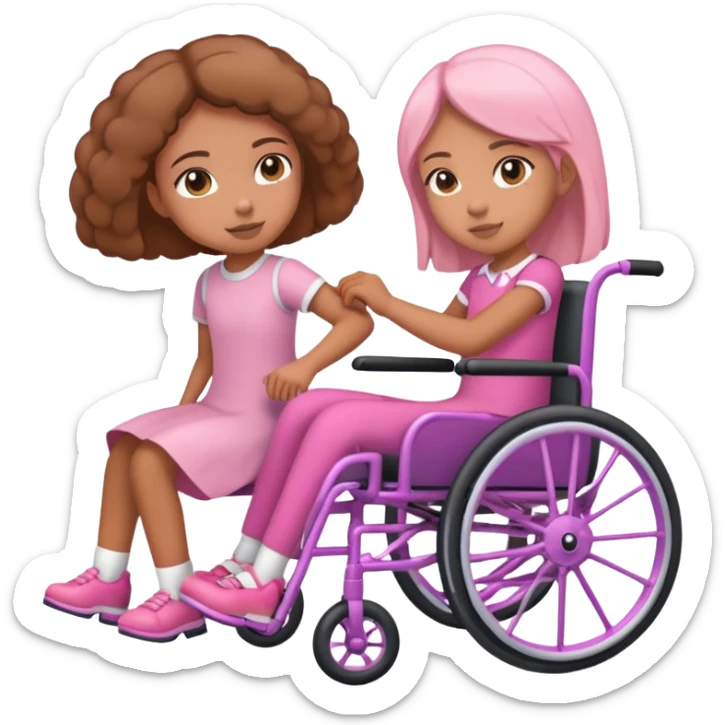 One tan skin sister pushing her light brown skin sister in a pink wheelchair sticker