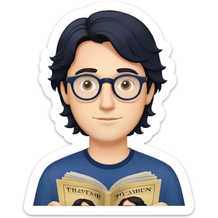 Young caucasian man with longer wavy black hair, round glasses, dark blue shirt, with theater playbill in hand sticker