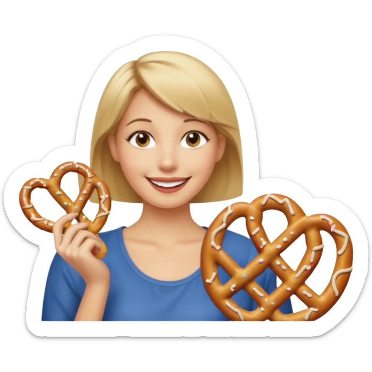 Short, Straight, Dirty blond hair, fair skin, woman holding pretzels and winking sticker