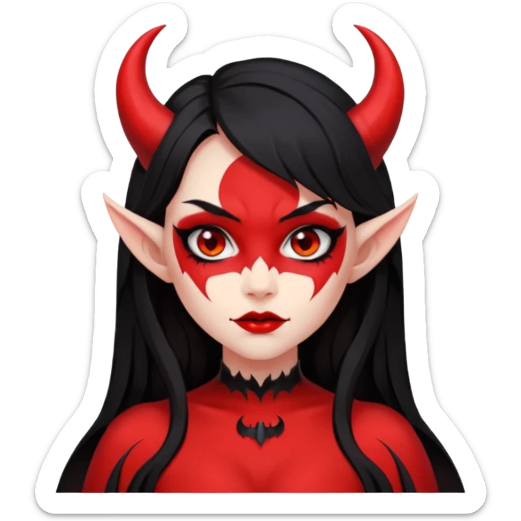 demon girl, skin red , black long hair, small horns, bat wing, black open-back dress, bold black outlines, red+black palette sticker