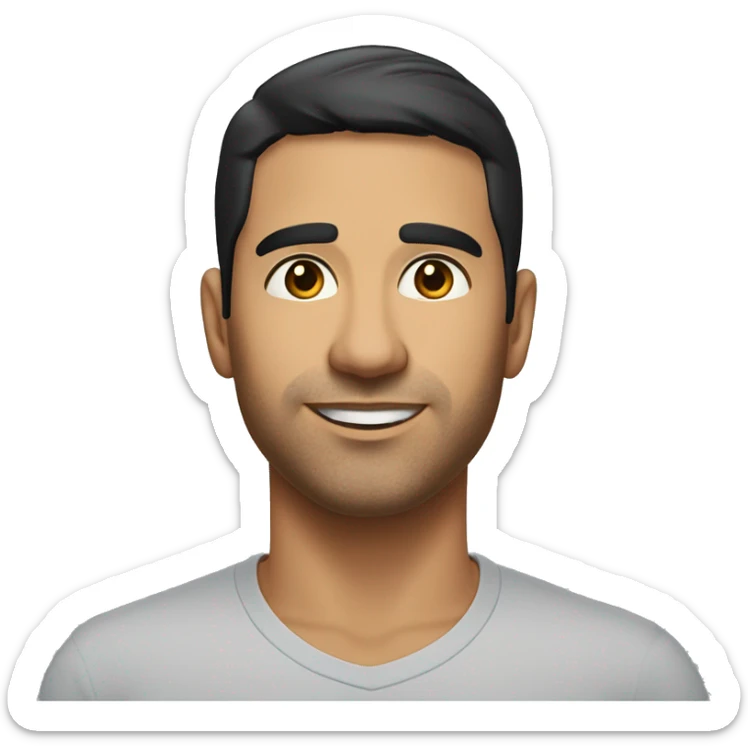 A head and shoulders shot of a 35 year old Hispanic man, with short black hair,   with brown eyes wearing a t-shirt. sticker