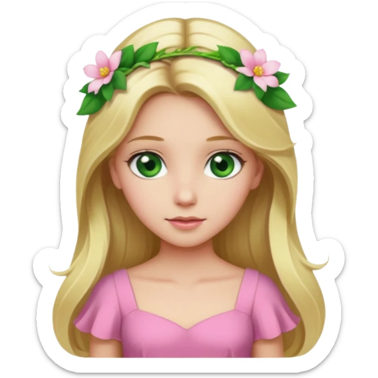 Girl profile picture with long blonde hair and green eyes and a flower in her hair. and a pink outfit sticker