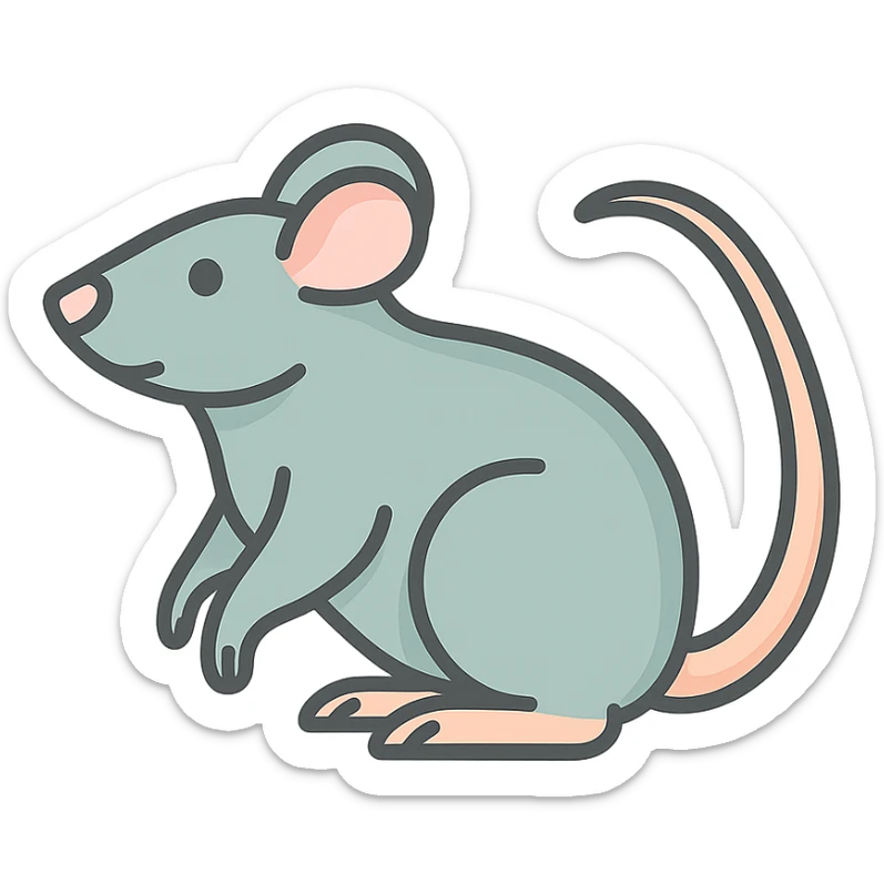 Create an icon-color-outlined style illustration of a rat as the symbol of the year according to Feng Shui, in a Chinese Eastern style. Use thin, clean contours and soft rounded shapes. Apply a pastel palette with colors #98B5BC, #B5B3C1, #C9A3C9, #E4C0CA, #F7DCD1, #F7C0AA. Include detailed shadows and highlights with soft lighting. The background should be transparent. The style should be less cute and without decorative elements. The silhouette and appearance should match the provided reference. sticker