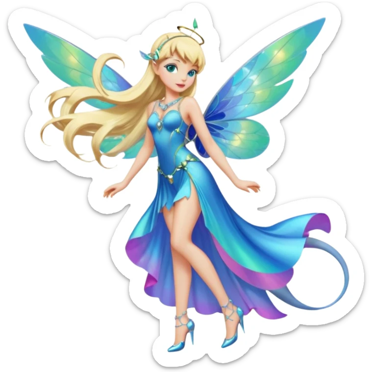 Isolated, rendering, Tinkerbell with futuristic cyberpunk style and colors, ultra detailed wings, flying by the quarter shaped, blue iridescent whimsical moon, blonde long flowing hair,  jewel green eyes, pink cheeks and lips,  in a one piece blue dress, full body side view, masterpiece  sticker