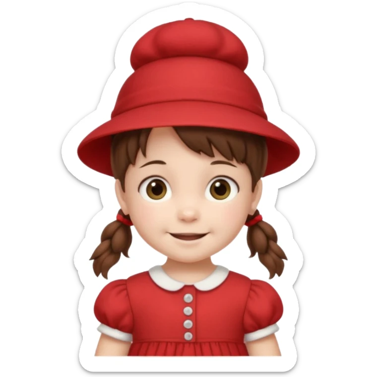 baby girl with brown hair and pigtails with a hat and red dress like My Neighbor Totoro movie sticker