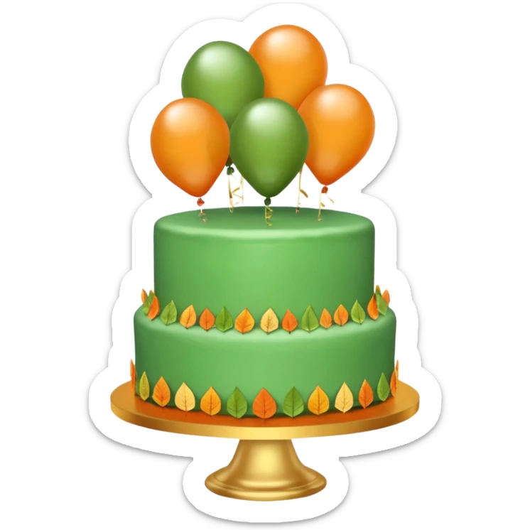 autumn themed green, orange & gold cake adorned with raw crystals, balloons & leaves  sticker