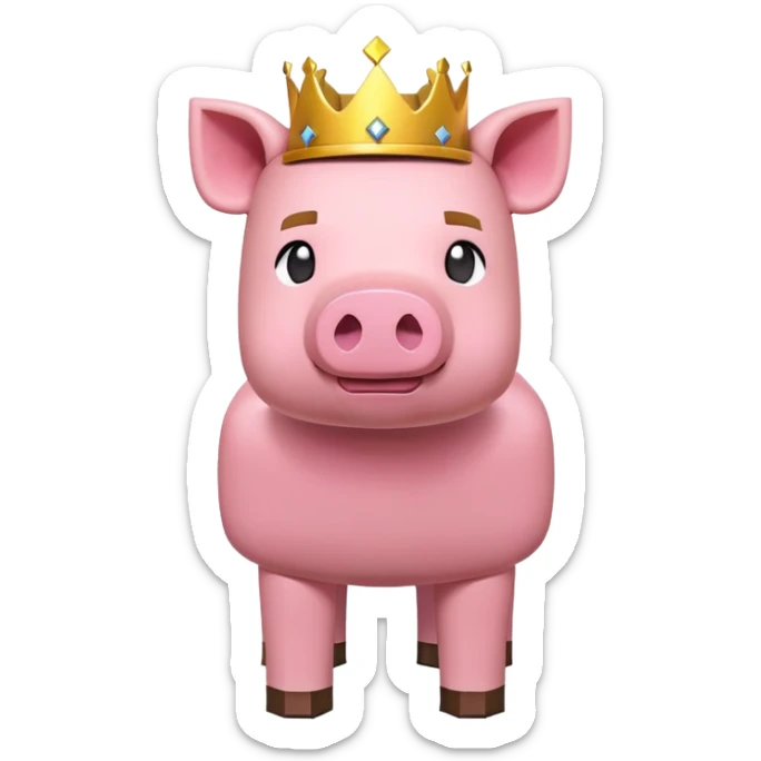 Minecraft pig full body pink blocky animal with square head wearing a crown sticker