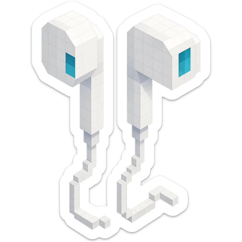 white Apple EarPods, isometric view, voxel style sticker