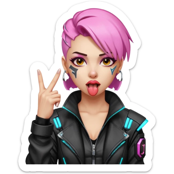 Woman with her tongue out in cyberpunk clothing and giving the middle finger. Looking naughty. sticker