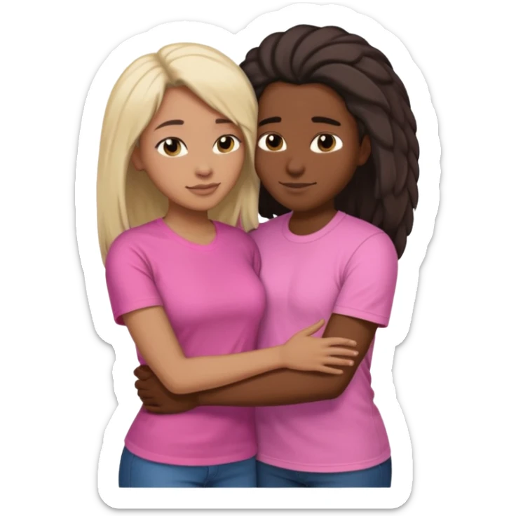 Black lesbian couple with one dark skin masculine with short hair low cut fade with a t shirt and one feminine with very long hair in a pink blouse hugging  sticker