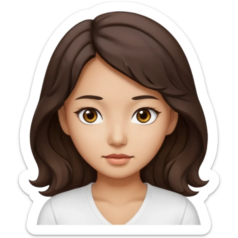 iOS style emoji. A girl with very long dark brown wavy hair. And the eyes color is dark brown. And she is wearing white t shirt with V kneck. And she is 30. She is Asian with double eyelids  sticker