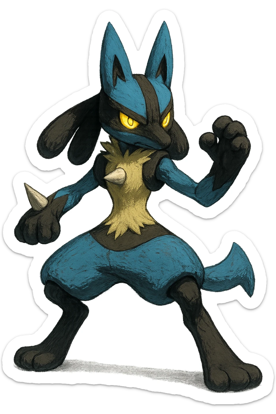 Lucario, cool martial arts stance, blue and black fur, glowing yellow eyes sticker