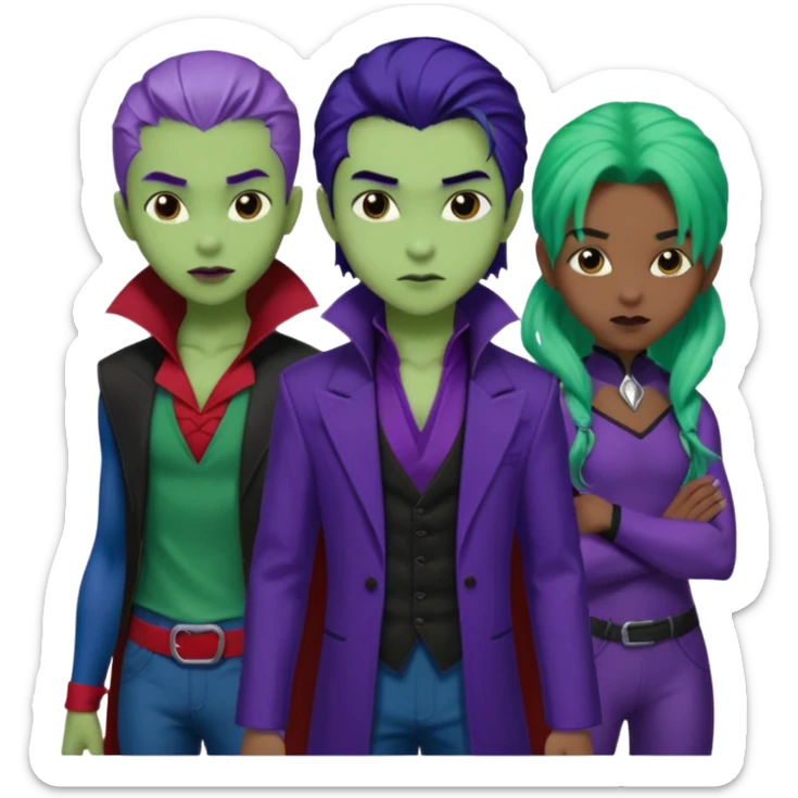 Solo poly platonic relationship, one African girl, one Asian boy, one biracial features Asian tomboy girl rat-tail hair long and upper masculine hair 90s, vampire and marvel cosplay elements inspired  use marvel colours, like instead of obvious human, green purple blue etc,  sticker