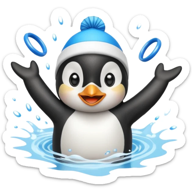 A cheerful penguin swimmer in swim cap, doing a playful backstroke with water rings popping around.
 sticker