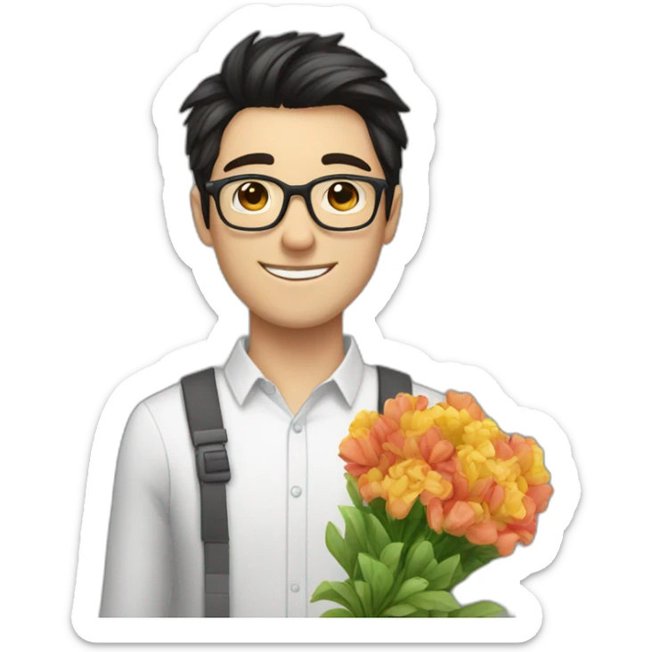 white skin guy with dark hair and glasses gives ф bouquet of flowers sticker