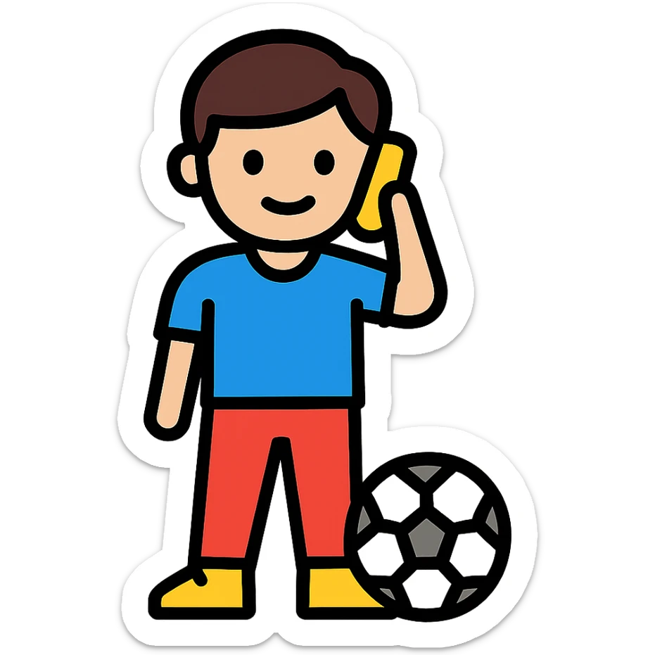 A playful color outline style image of a teenage boy on the phone with a football at his feet, no background. sticker