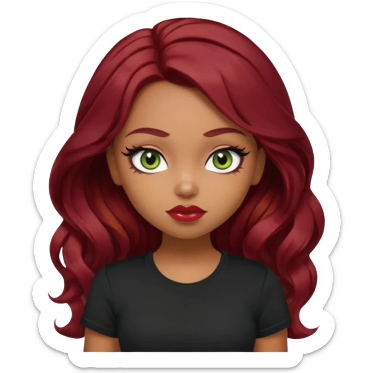 a pretty fair bratz girl with wavy dark red hair, wearing a black tee. eyeliner on, olive green eyes. Till Waist \ sticker