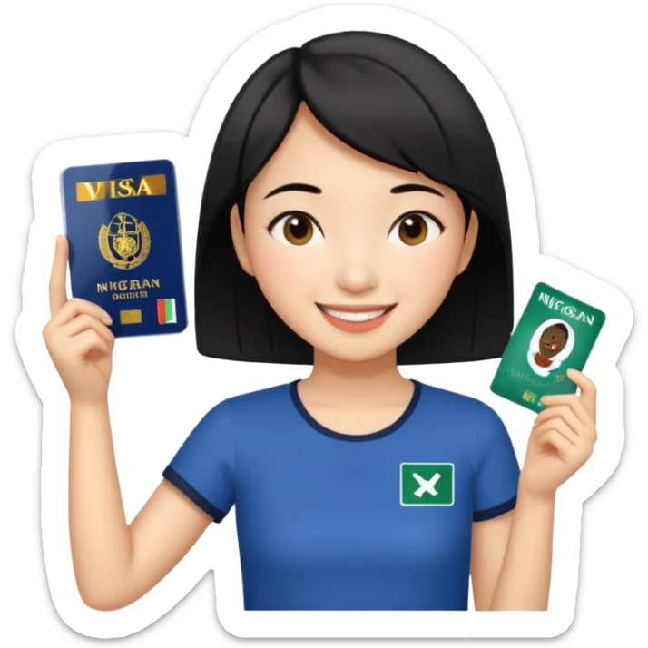 Nigeria, travel visa, with a Asian girl with short black hair, fair skin, and a young, enthusiastic smile sticker