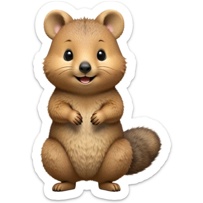 cinematic-quokka-realistic-full-body-standing on its hind legs hunched over-emoji,-small-round-frame-balanced-on-tiny-strong-hind-legs,giant fluffy cheeks large smile-fluffy-brown-fur-radiating-a-warm-softness skinny tail, ,-big-round-eyes-filled-with-joy-and-innocence,-tiny-clawed-paws-held-close-to-chest,-cheerful-smile-exuding-endearing-happiness,-simplified-yet-realistic-focused-features,-highly-detailed,-glowing-with-a-sunny-warmth, expressive eyes  sticker