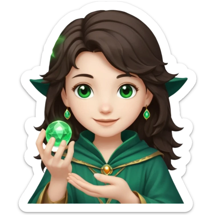A teen brunette mage with tousled hair, holding a tiny glowing orb and smiling confidently. sticker