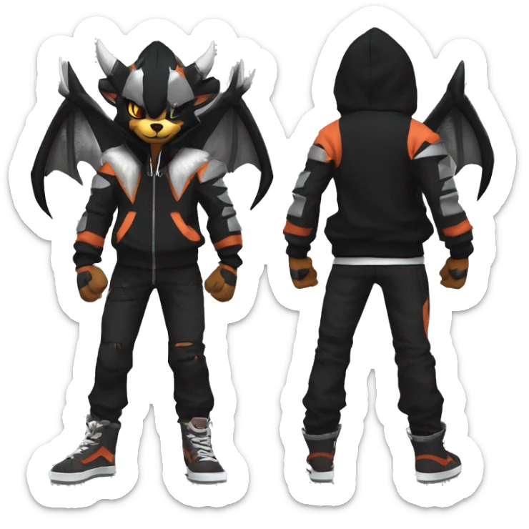 Cool Anthro Black Noivern-Houndoom-Litten-Pokémon with edgy stripes hoodie spiked collar punk Full Body sticker