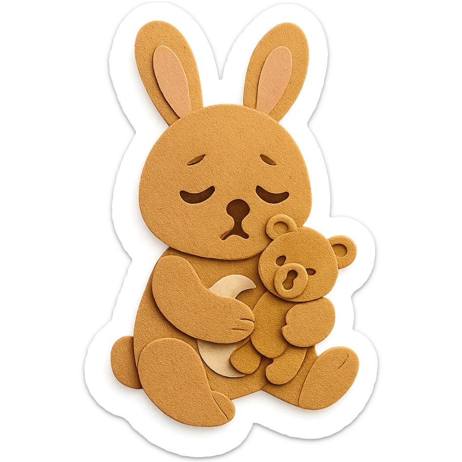 flawless, highly detailed, high quality paper craft style illustration of a caramel-colored bunny holding a teddy bear, eyes drooping, perfect proportions, no imperfections, intricate textures, soft lighting, delicate cut-paper details sticker