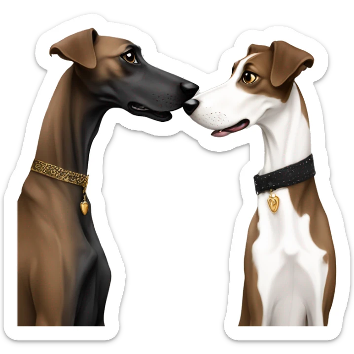 Two aristocrat dog black and white galgo kiss with women brown hair  sticker