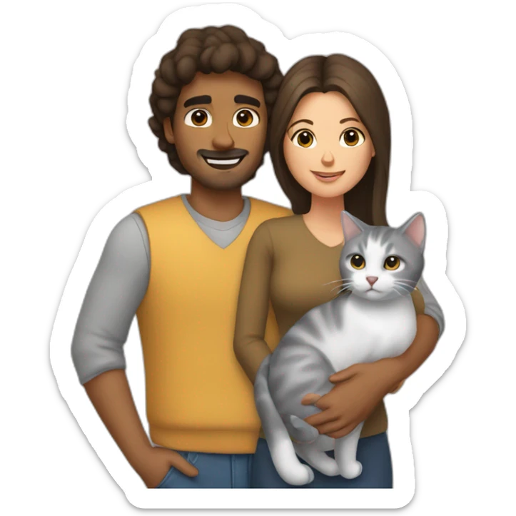 brown man and brunette woman with a gray cat in their arms sticker