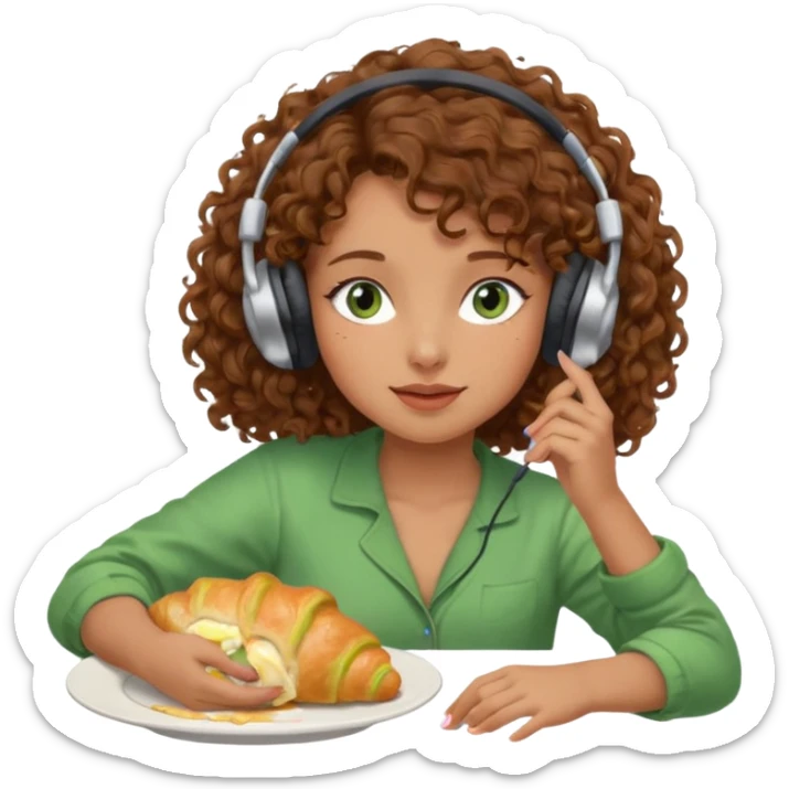 Brown curly hair girl blue green eyes painting sleeping eating dancing listening to misic sticker