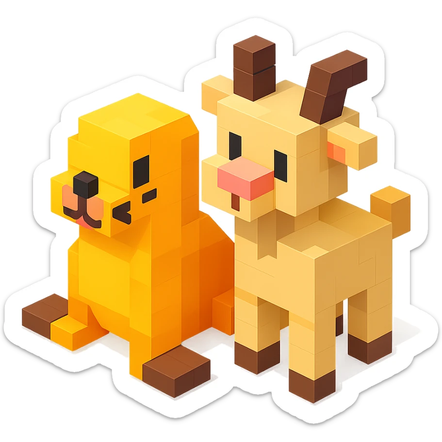 a seal and a goat sitting together in Roblox style, blocky and playful, vibrant colors sticker