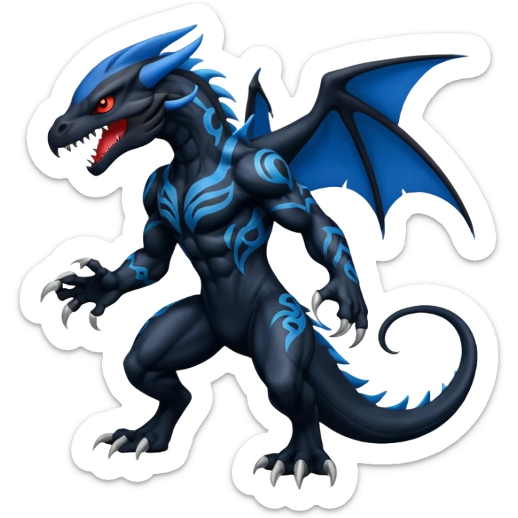 Black and Blue Venom-Stitch-Zekrom-Salandit-fusion, full body, tribal markings  sticker
