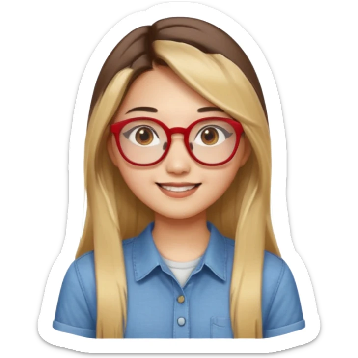 20 yr old asian woman, straight thick long brown hair, blond at ends of hair, center part to hair, big red glasses, brown eyes, casual shirt sticker