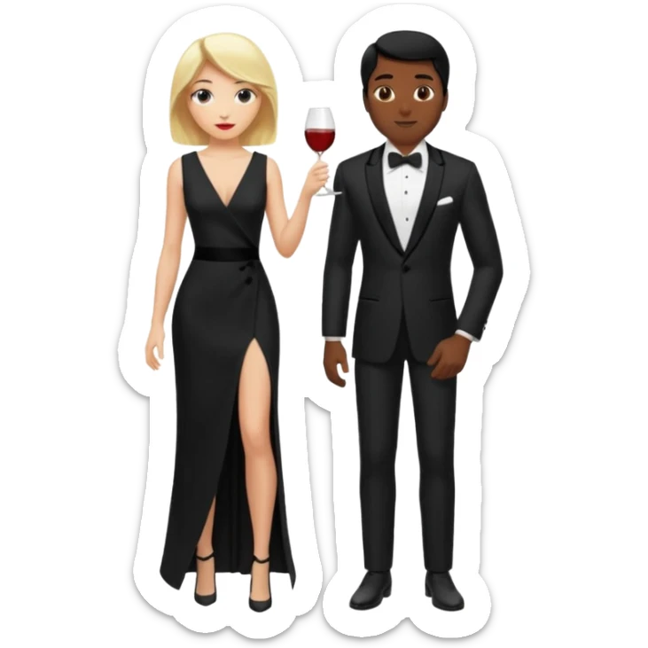 Blonde woman, black, Long, tight, sleveless Dress, Slot left Leg, man, black Hair, in Dinner jacket, Background ballroom sticker