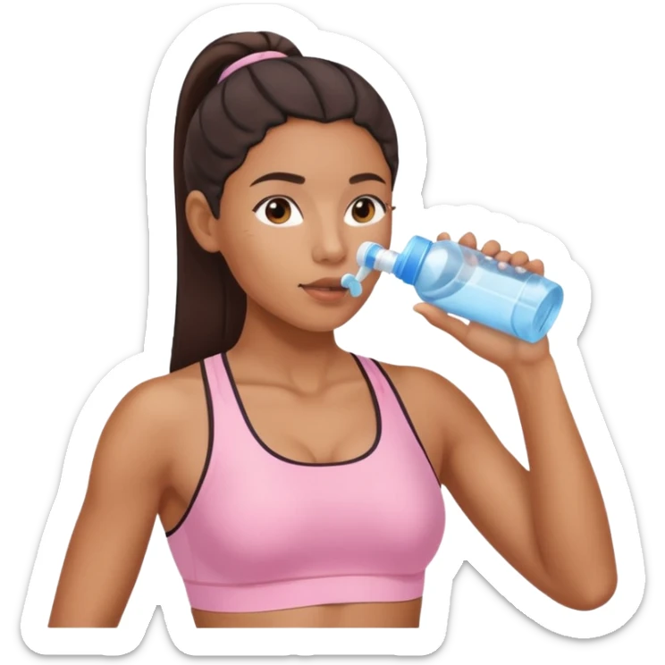 Mixed-race athletic woman with caramel skin, wearing pastel pink sports bra, drinking water from clear bottle sticker
