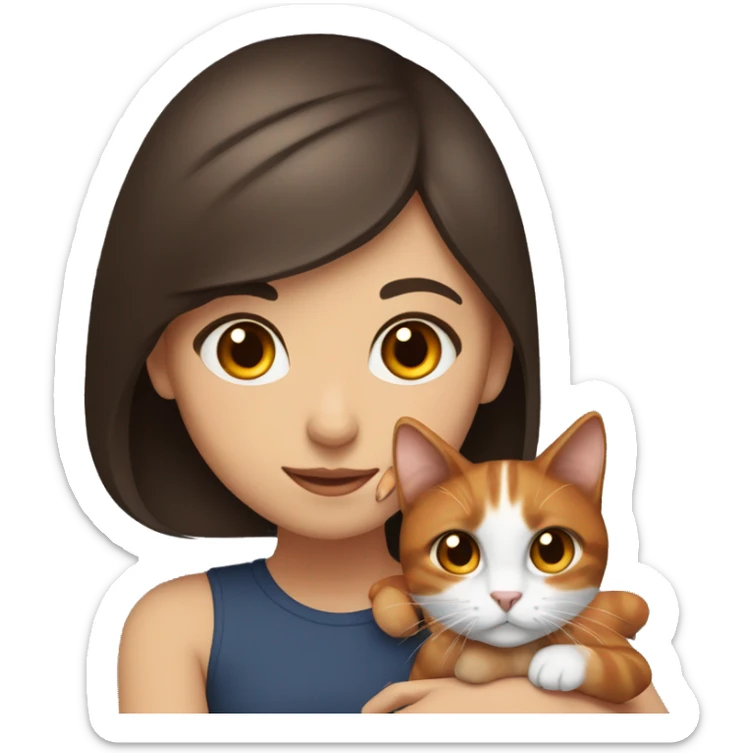 Brunette girl with brown eyes, holding a tricolor  black white and orange cat sticker