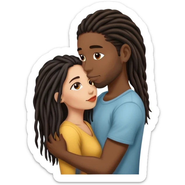 Latina Woman with long hair kissing a young black guy with dreads no beard sticker