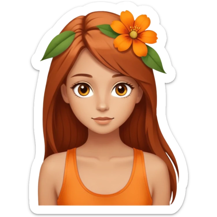 pretty girl with hazel, almond shaped eyes, she las light a bit tanned skin, she has brown auburn hair straight and long lashes, she had orange flower in her head, and orange tank top, her hair is long length  sticker