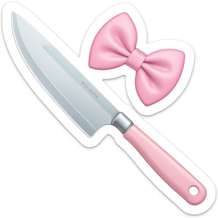 Cute emoji style illustration of a kitchen knife with a pink bow tied directly around the handle of the knife, not floating, not separate, kawaii style, rounded shapes, pastel colors, friendly look, flat vector design, white or transparent background, simple emoji icon sticker