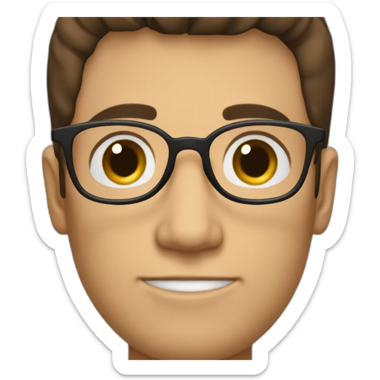 A guy with dark brown hair and glasses with a symmetric shaped face and a brown pullover sticker
