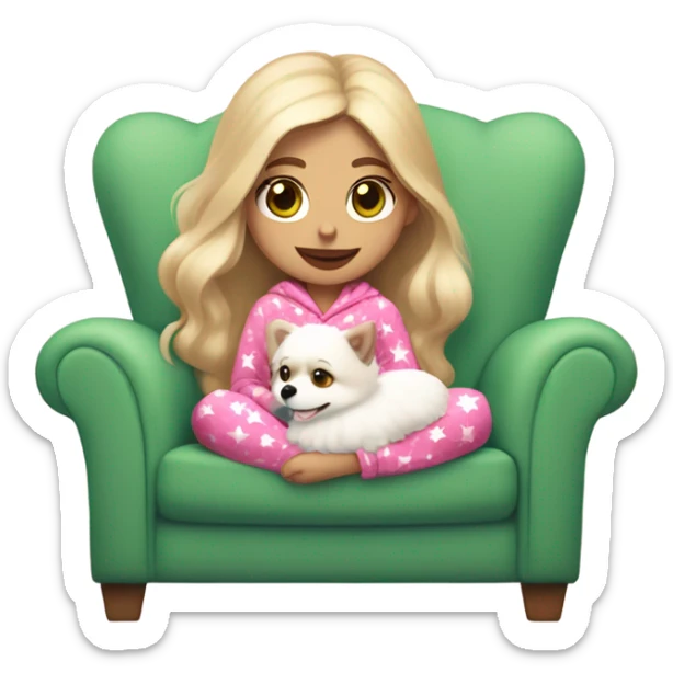 Girl blonder long hair mauve pink plump lips green eyes sitting in cozy chair wearing red and pink heart design on pjs holding a white Pomeranian sticker