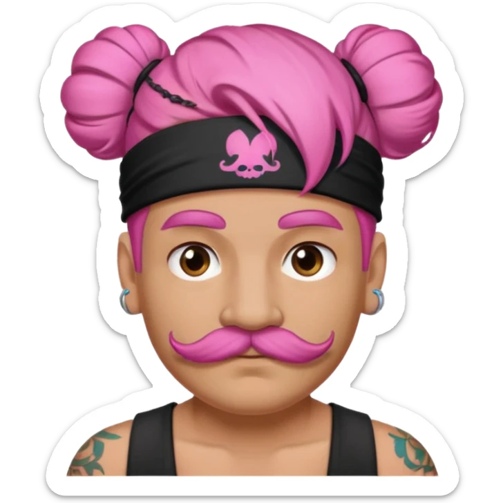 single big bun pink hair man and mustache and face tattoos very heavy and headband sticker