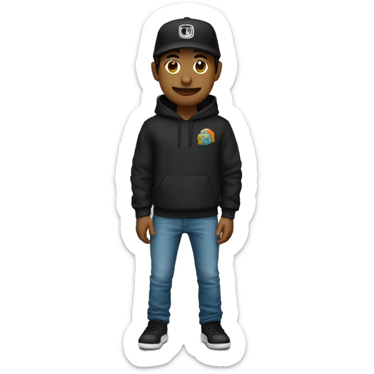 Un chico color piel clara, sudadera negra, cabello largo y gorra negra al reves manos enfrente sticker