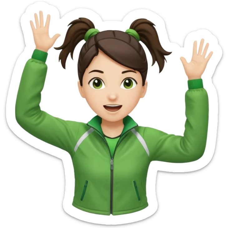 A brunette pony tail hair girl in a sporty green jacket, jumping slightly while cheering loudly. sticker