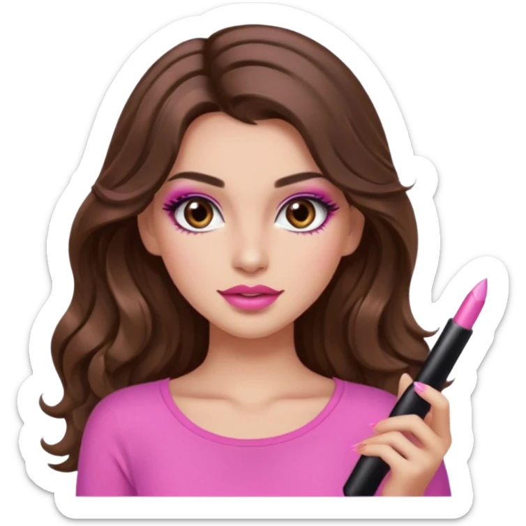 girl with long wavy brown hair, brown eyes, long lashes makeup, sexy pink lips, light to medium complexion, pink sexy top, I don't know sticker