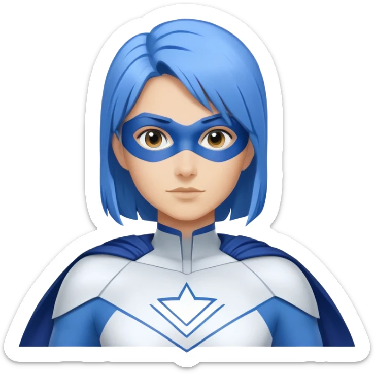 A close-up emoji of a friendly woman with blue hair (no eye mask) wearing a minimalist blue and white superhero costume with wide shoulders. The costume has a large empty area on the chest for the logo, uses only blue and white colors, and has minimal details. sticker